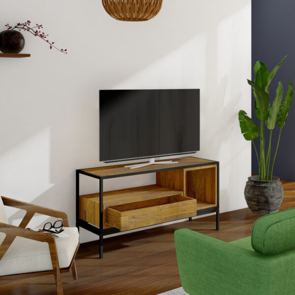 Mueble de televisión de madera maciza con estructura metálica lacada al horno. Opción cajón abajo y caja con fondo.