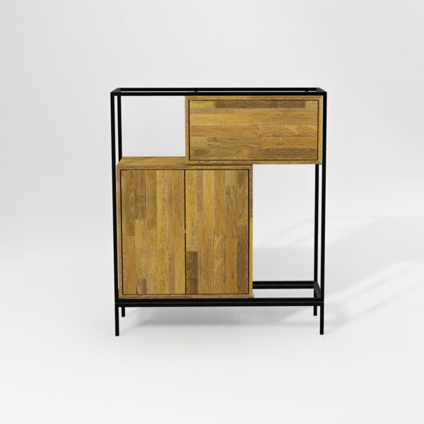 Mueble bar Dorian de madera maciza y acero lacado