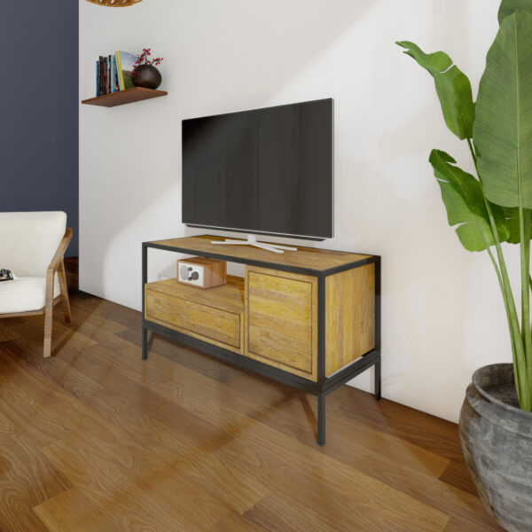 Mueble de televisión de madera maciza con estructura metálica lacada al horno. Opción caja abajo y cajón grande.