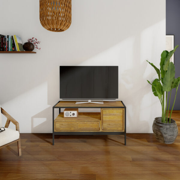 Mueble de televisión de madera maciza con estructura metálica lacada al horno. Opción caja abajo y cajón grande.
