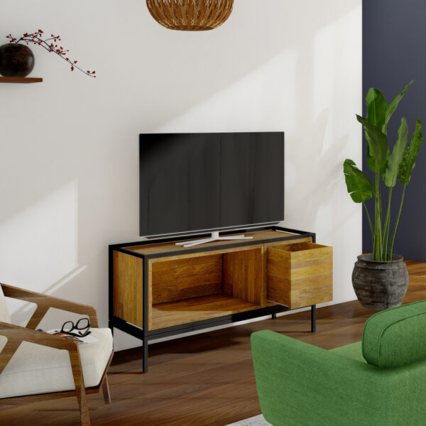 Mueble de televisión de madera maciza con estructura metálica lacada al horno. Opción caja con fondo y cajón grande.